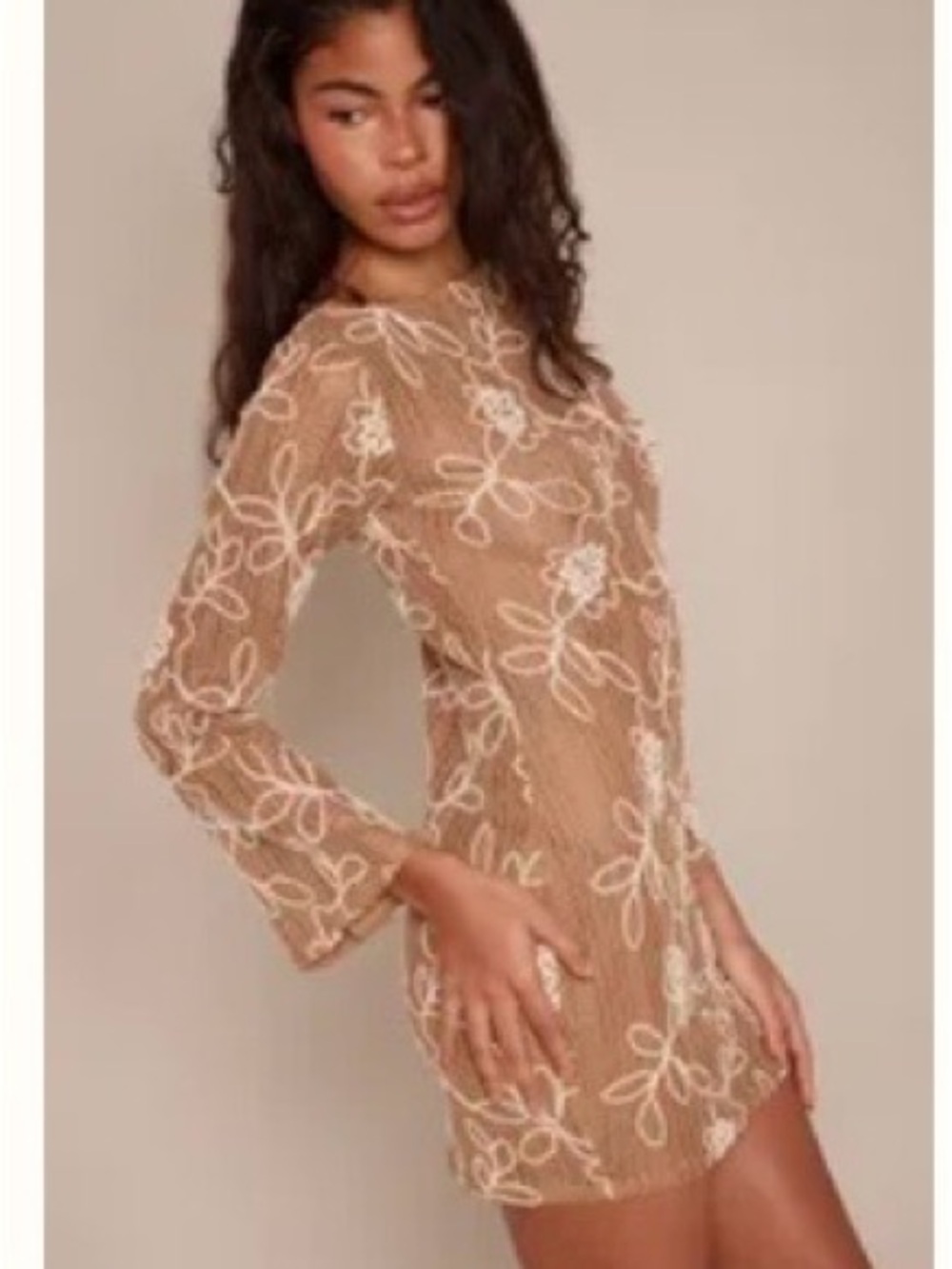 PrettyLittleThing Sheer Embroidered Mini Beach Dress in Beige and White